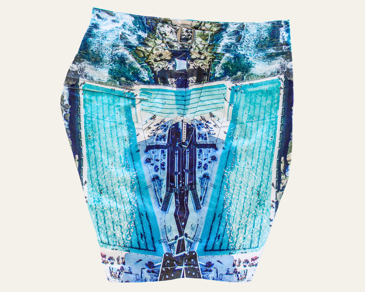 Rwenzori photo print swim trunks finer details - Bondi - Side seam profile.