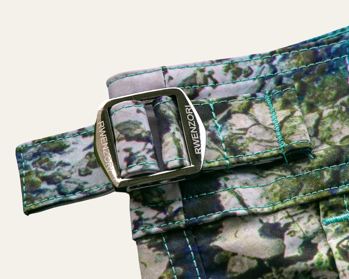 Rwenzori photo print swim trunks finer details - Positano side stainless buckles.