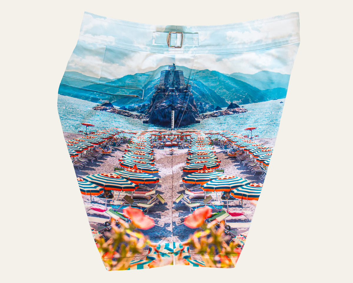 Rwenzori photo print swim trunks finer details - Cinque Terre side profile.