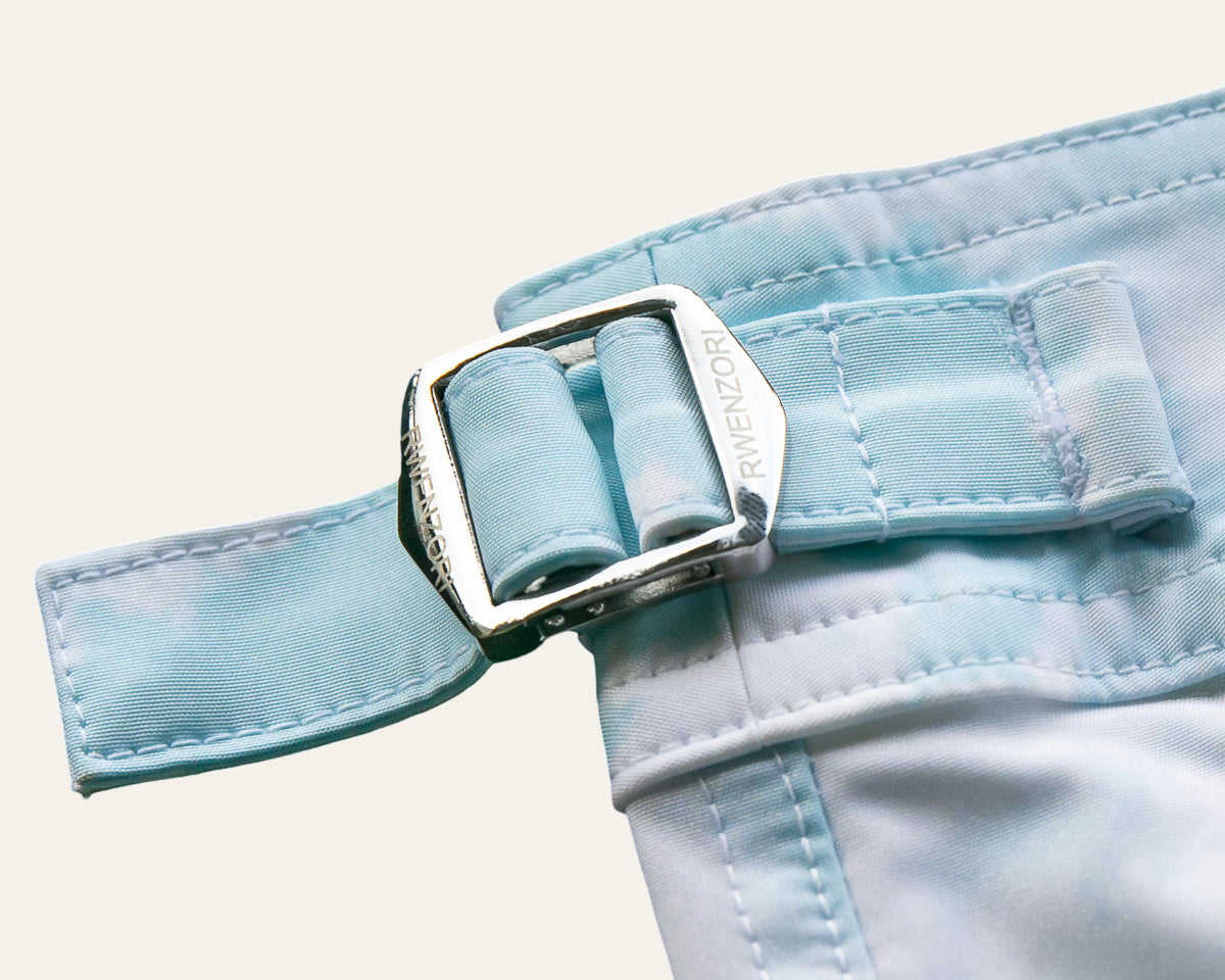 Rwenzori photo print swim trunks finer details - Cinque Terre stainless buckles.