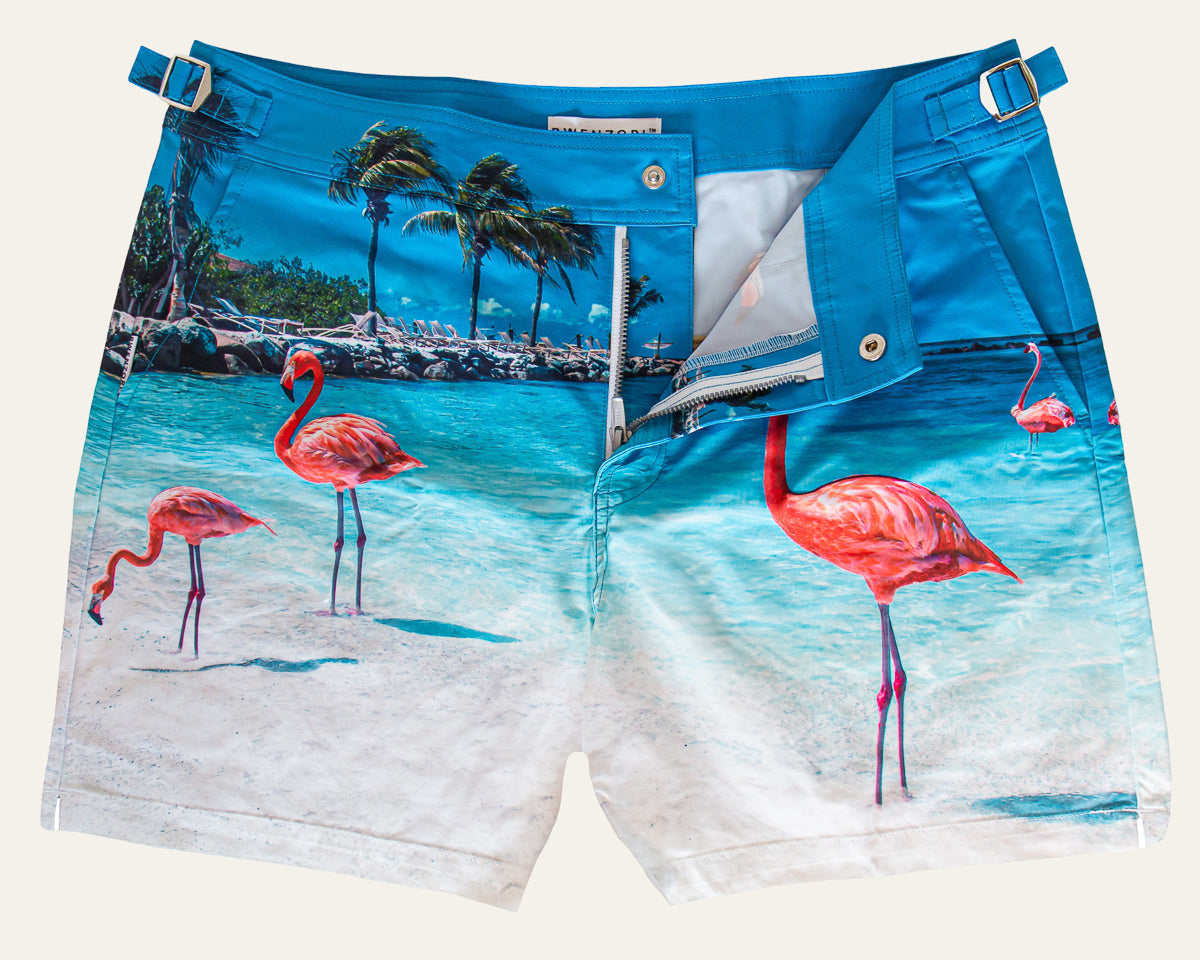 Rwenzori photo print swim trunks finer details - Flamingos.