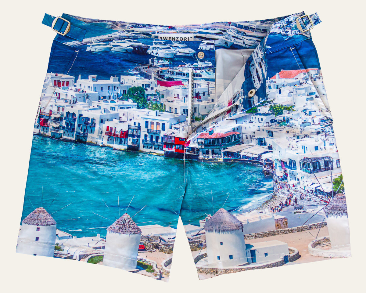 Rwenzori photo print swim trunks finer details - Mykonos.