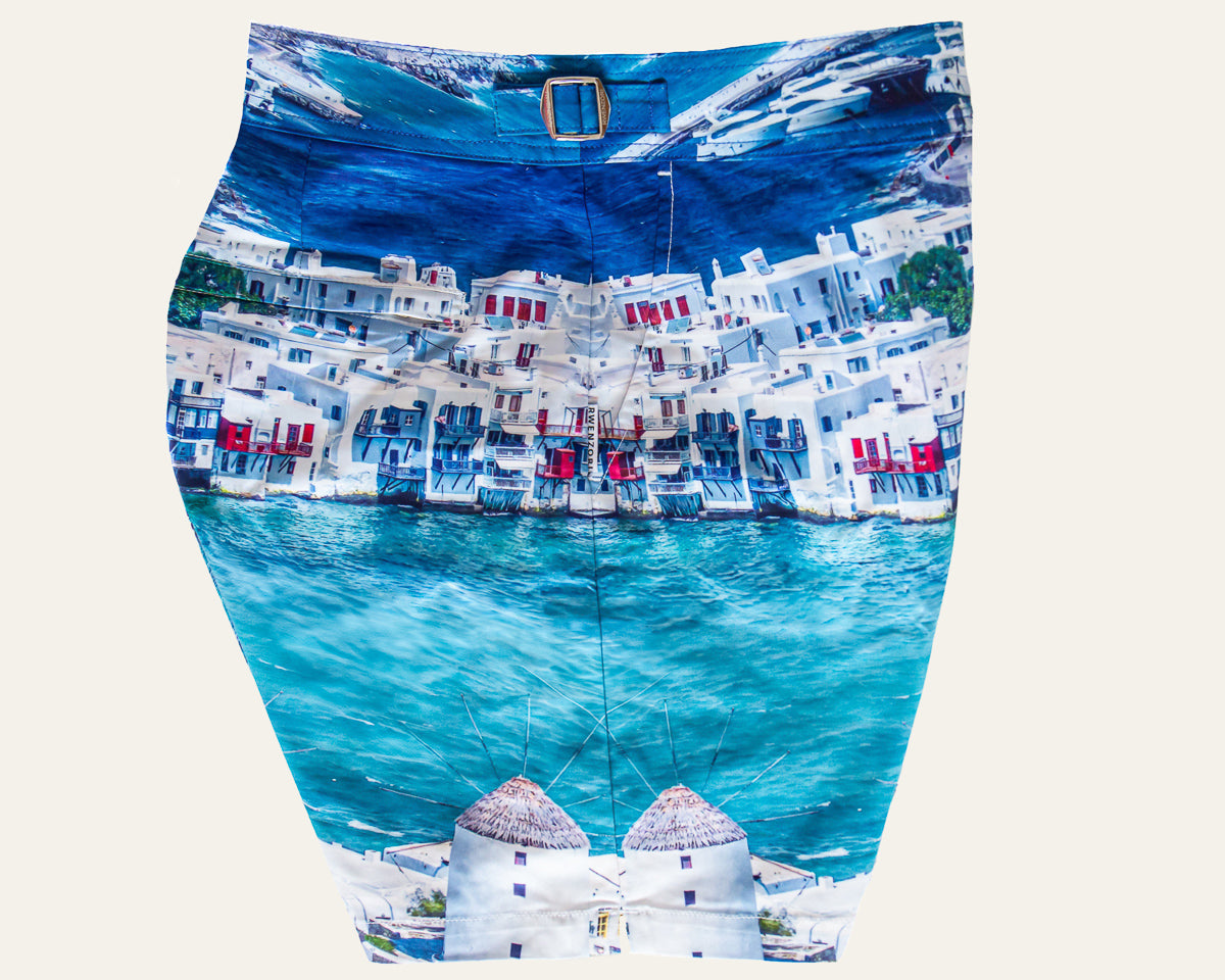 Rwenzori photo print swim trunks finer details - Mykonos side profile.