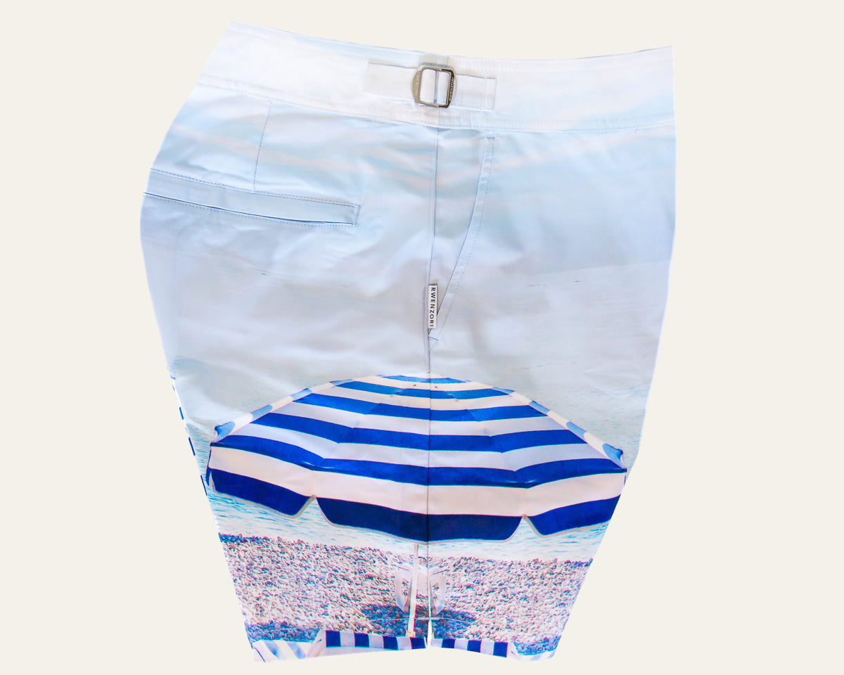 Rwenzori photo print swim trunks finer details - St Tropez side profile.
