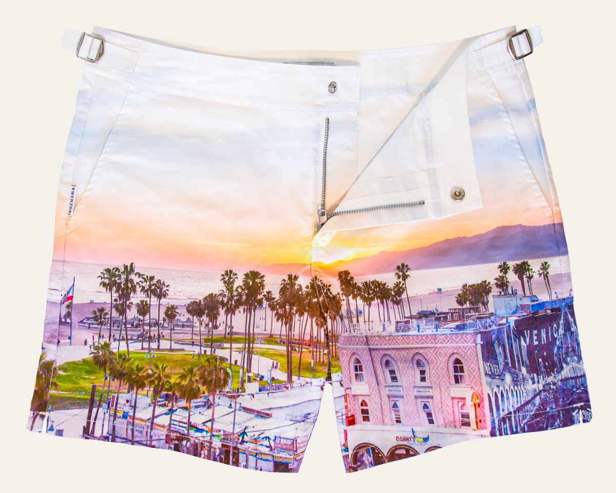 Rwenzori photo print swim trunks finer details - Venice Beach.