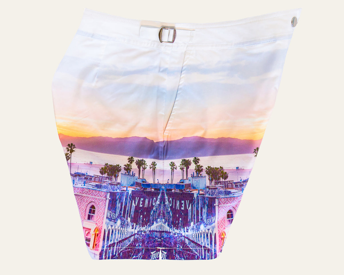 Rwenzori photo print swim trunks finer details - Venice Beach side profile.