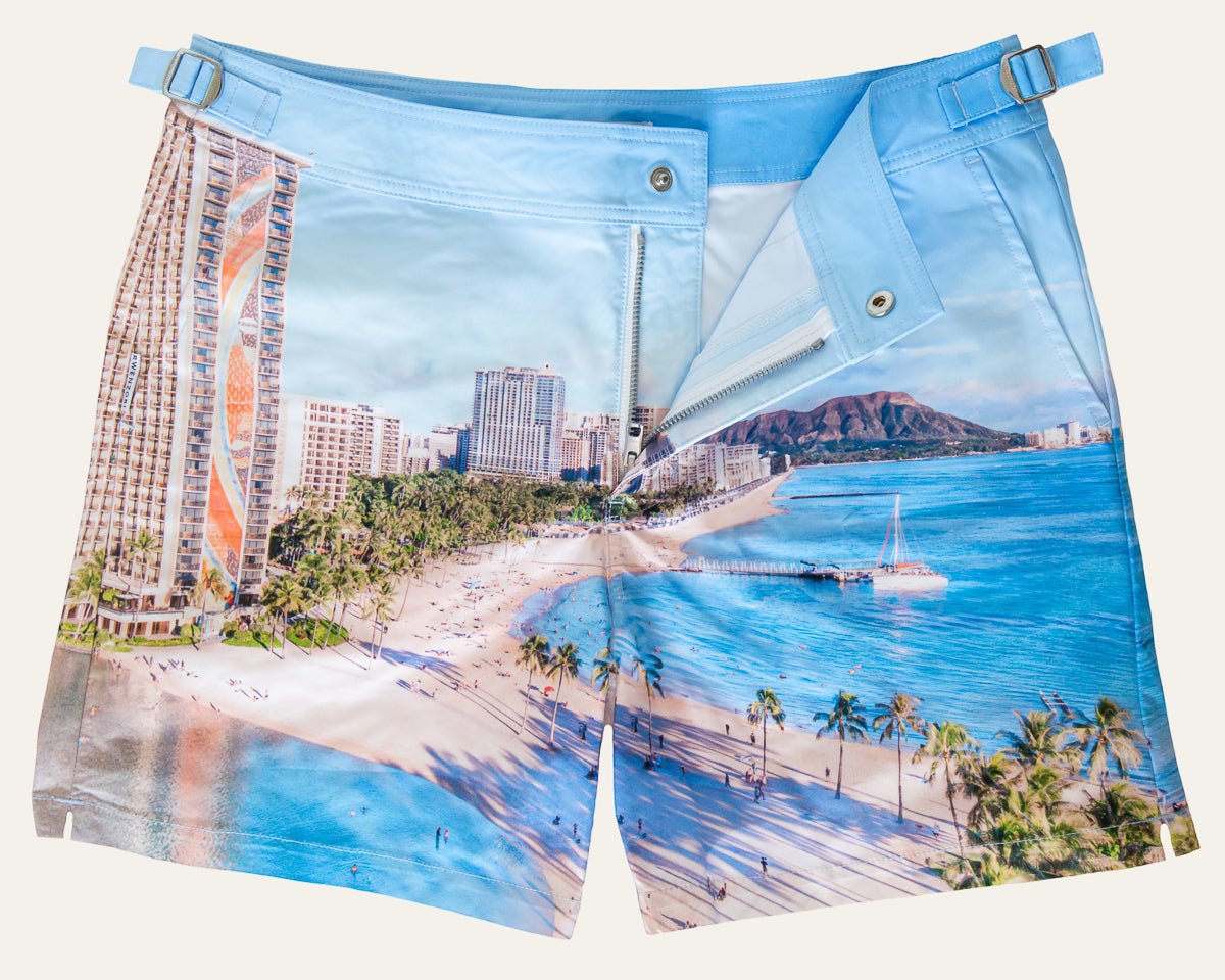 Rwenzori photo print swim trunks finer details - Waikiki.