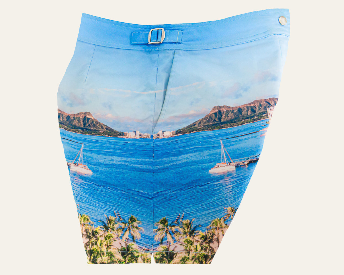 Rwenzori photo print swim trunks finer details - Waikiki side profile.