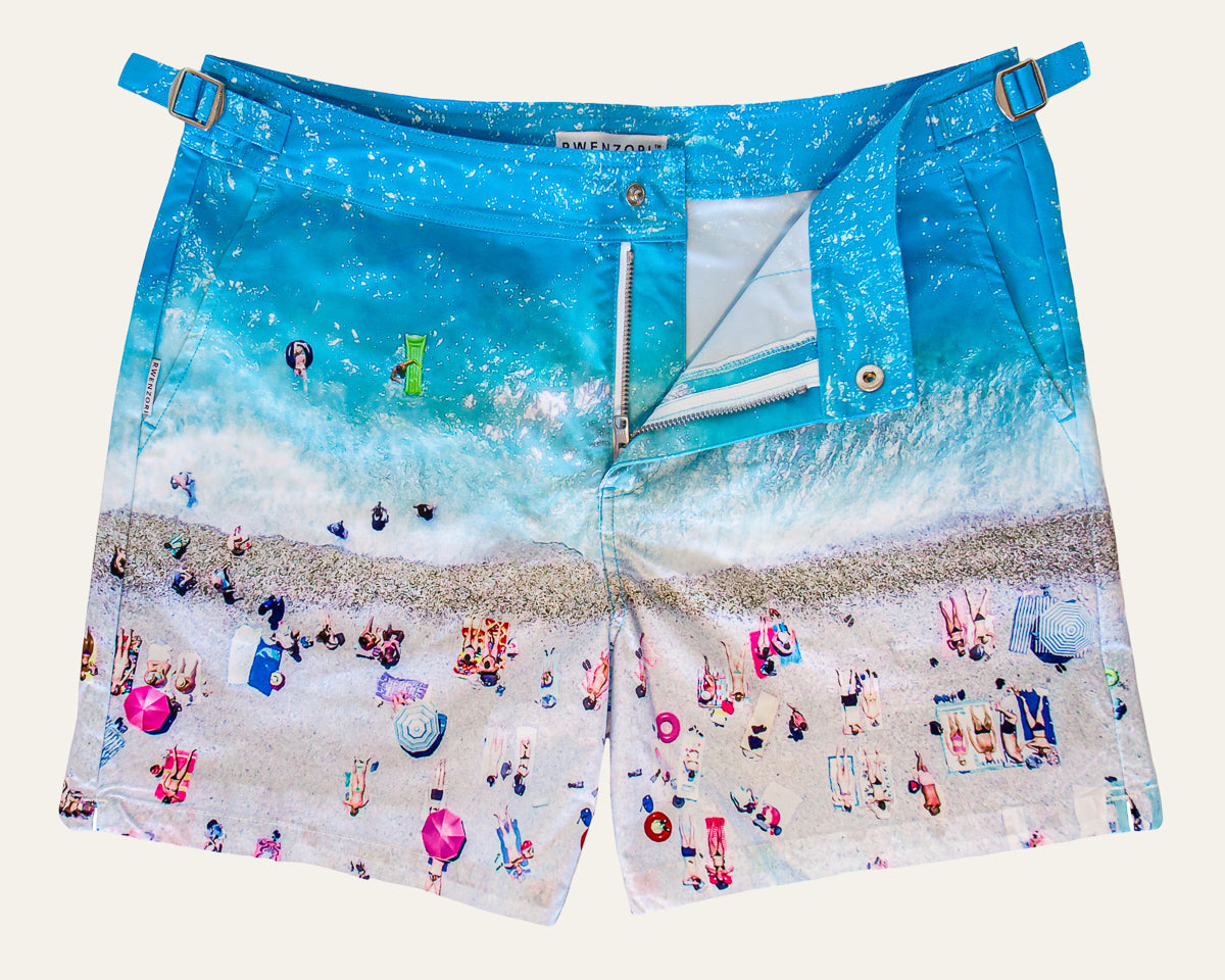 Rwenzori photo print swim trunks finer details - French Riviera.