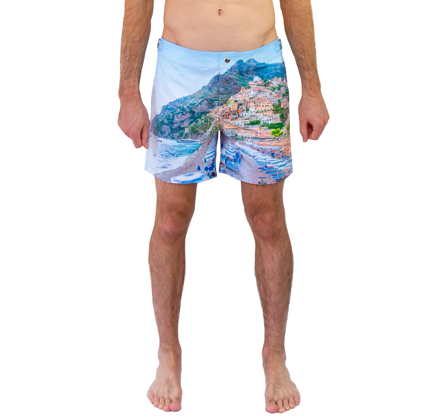 Rwenzori Positano swim shorts model front view – men's premium photo print swim trunk in Positano Italy print.
