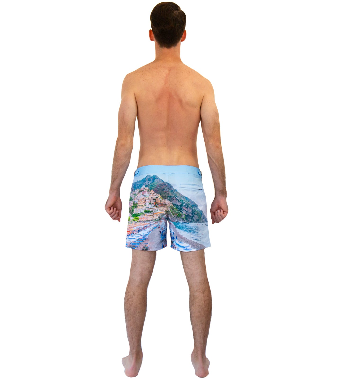 Rwenzori Positano swim shorts back view – men's premium photo print swim trunk in Positano Italy print.