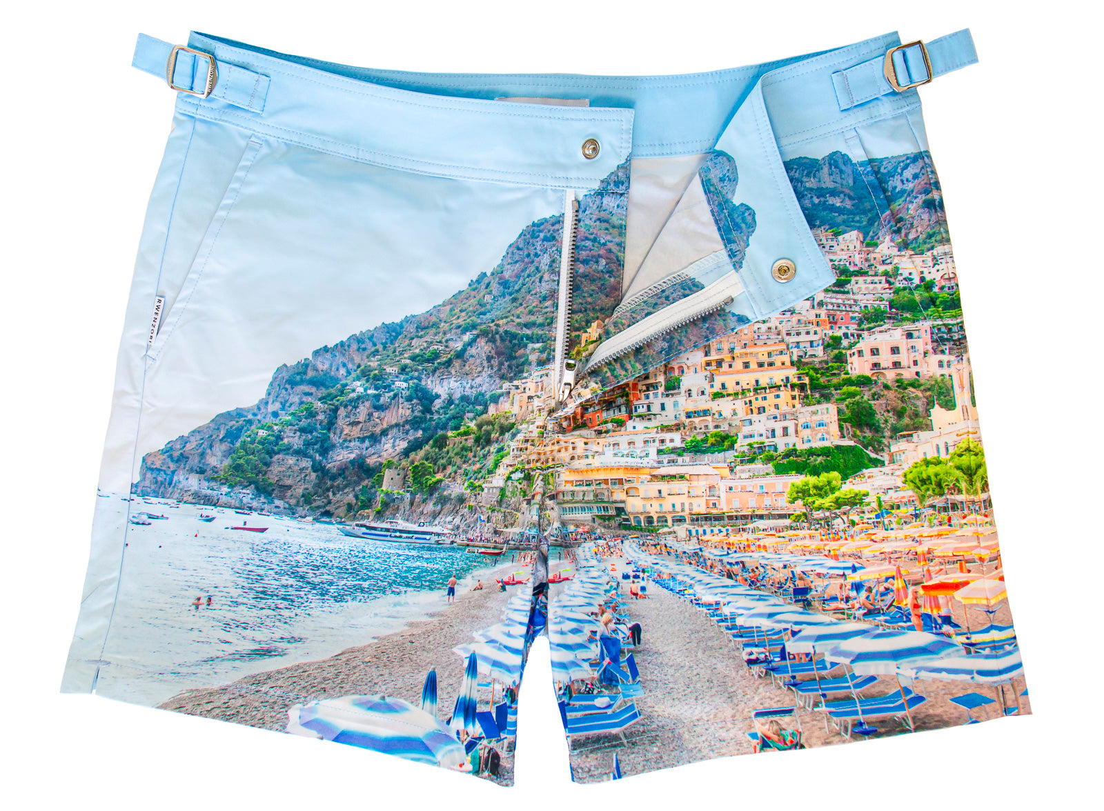 Rwenzori Positano swim shorts front view – men's premium photo print swim shorts in Positano Italy print