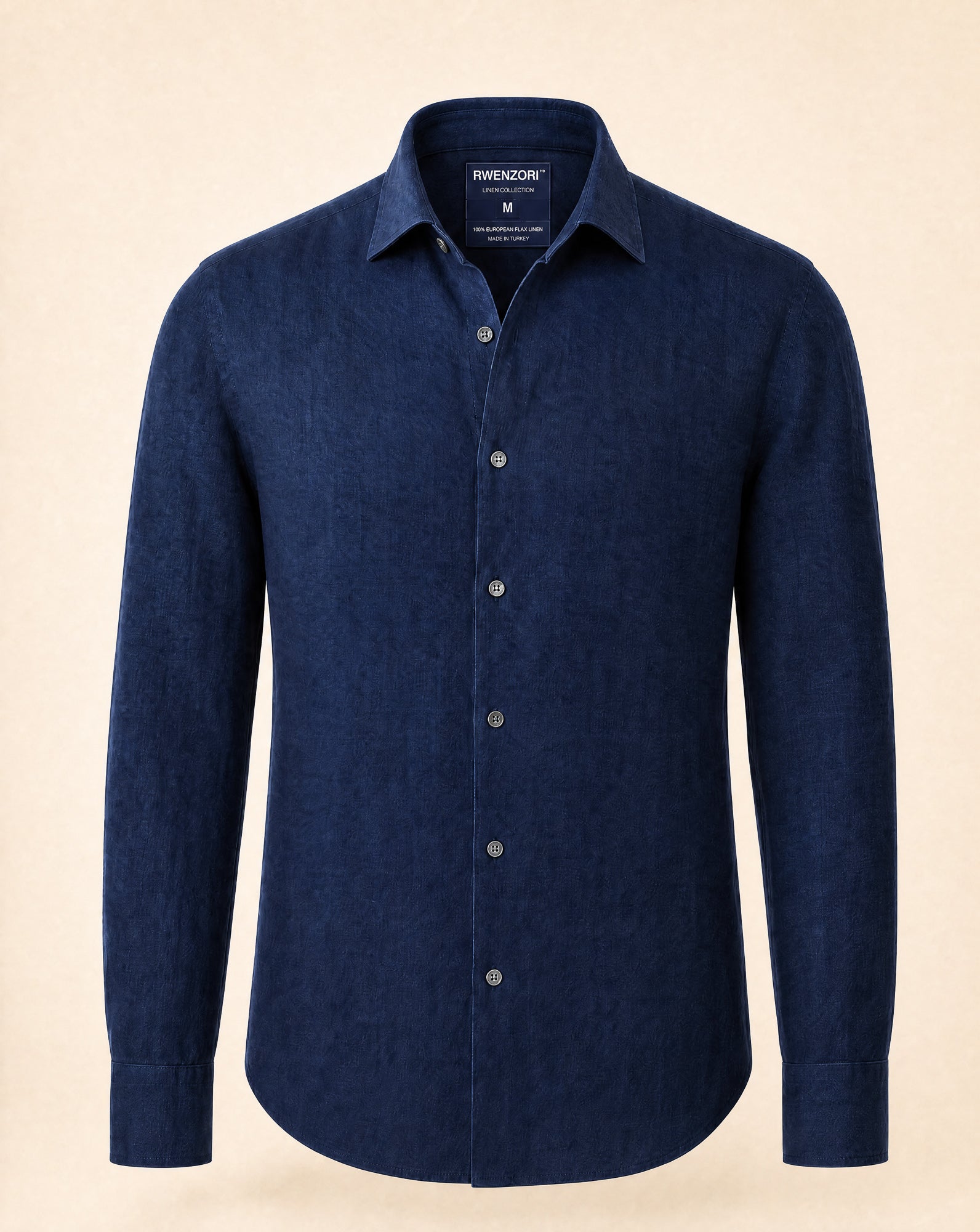 Men's navy linen shirt, flat lay product photo — RWENZORI resort wear.