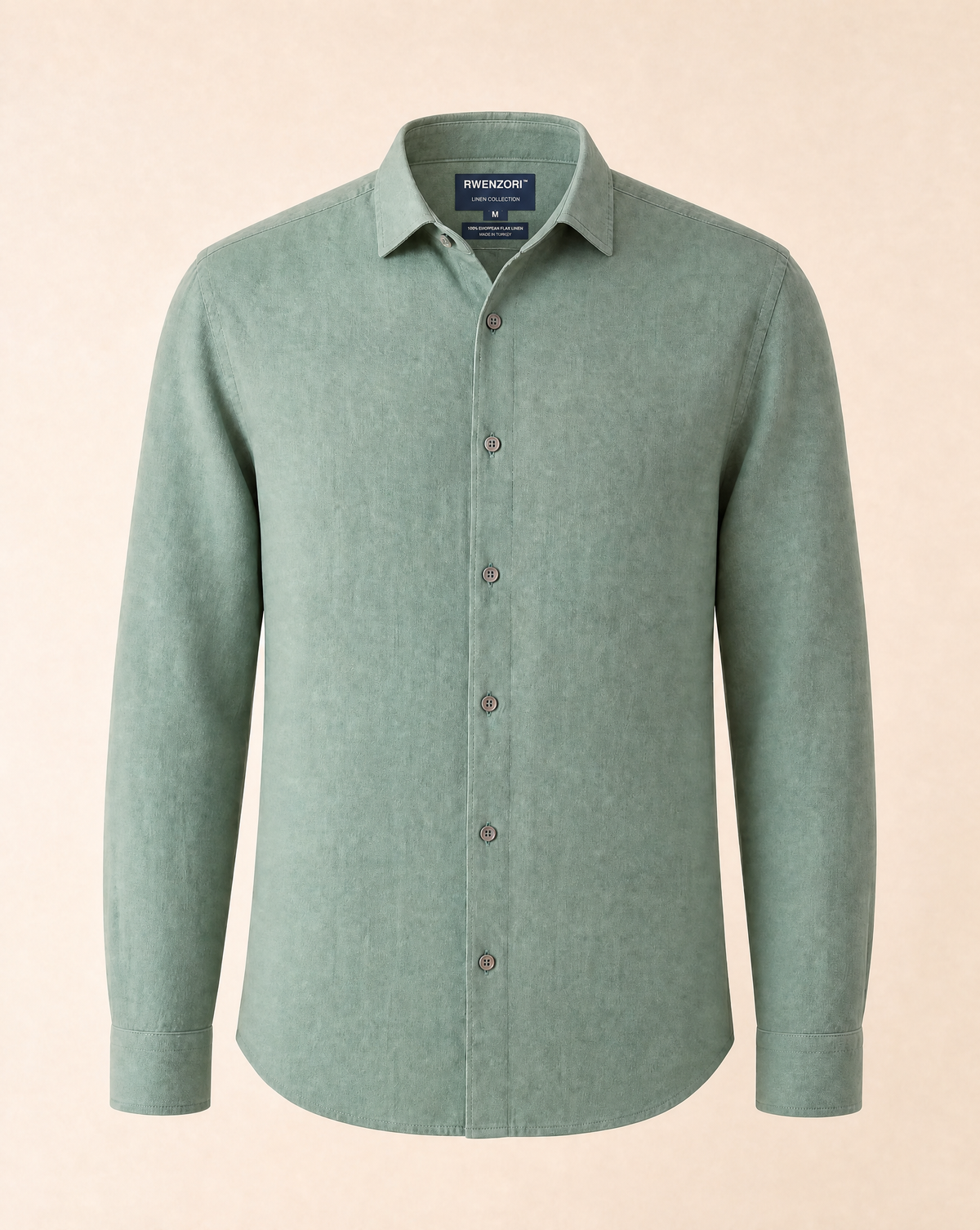 Men's sage linen shirt, flat lay product photo — RWENZORI resort wear.