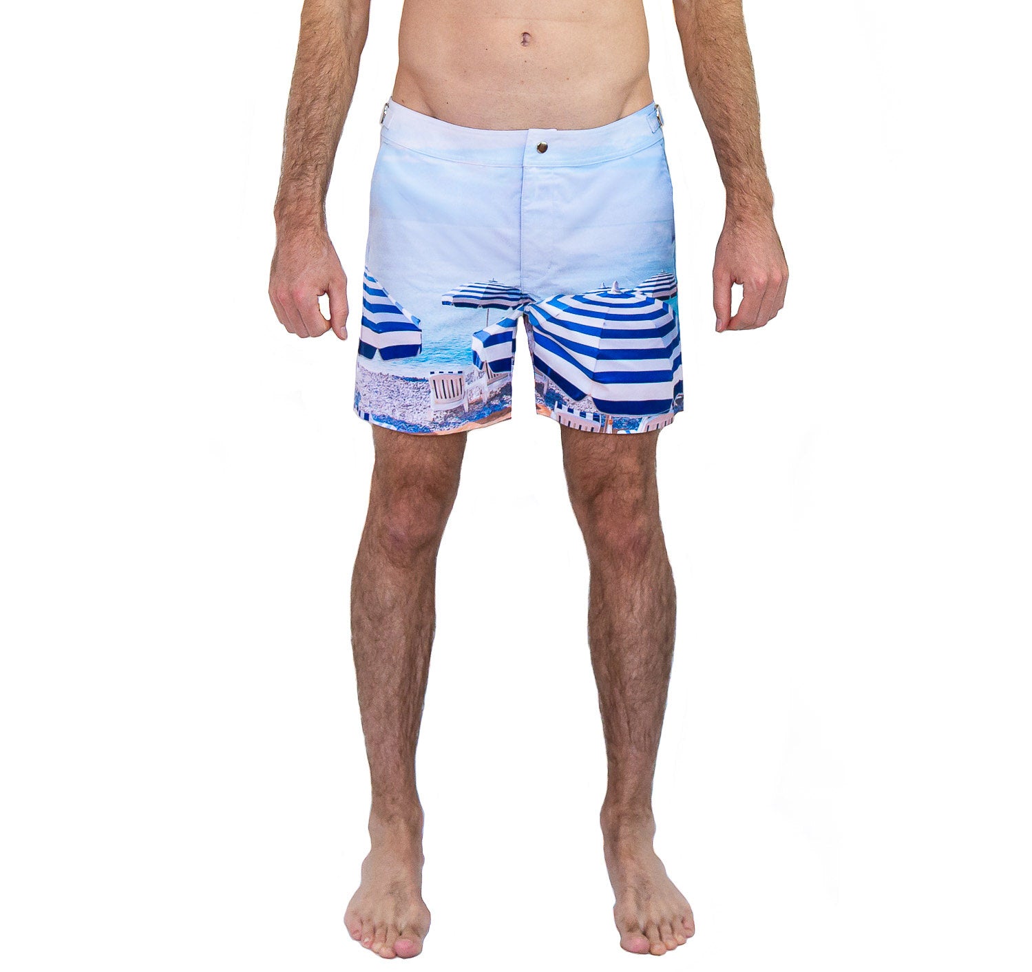 Rwenzori St Tropez swim shorts front view worn by model.