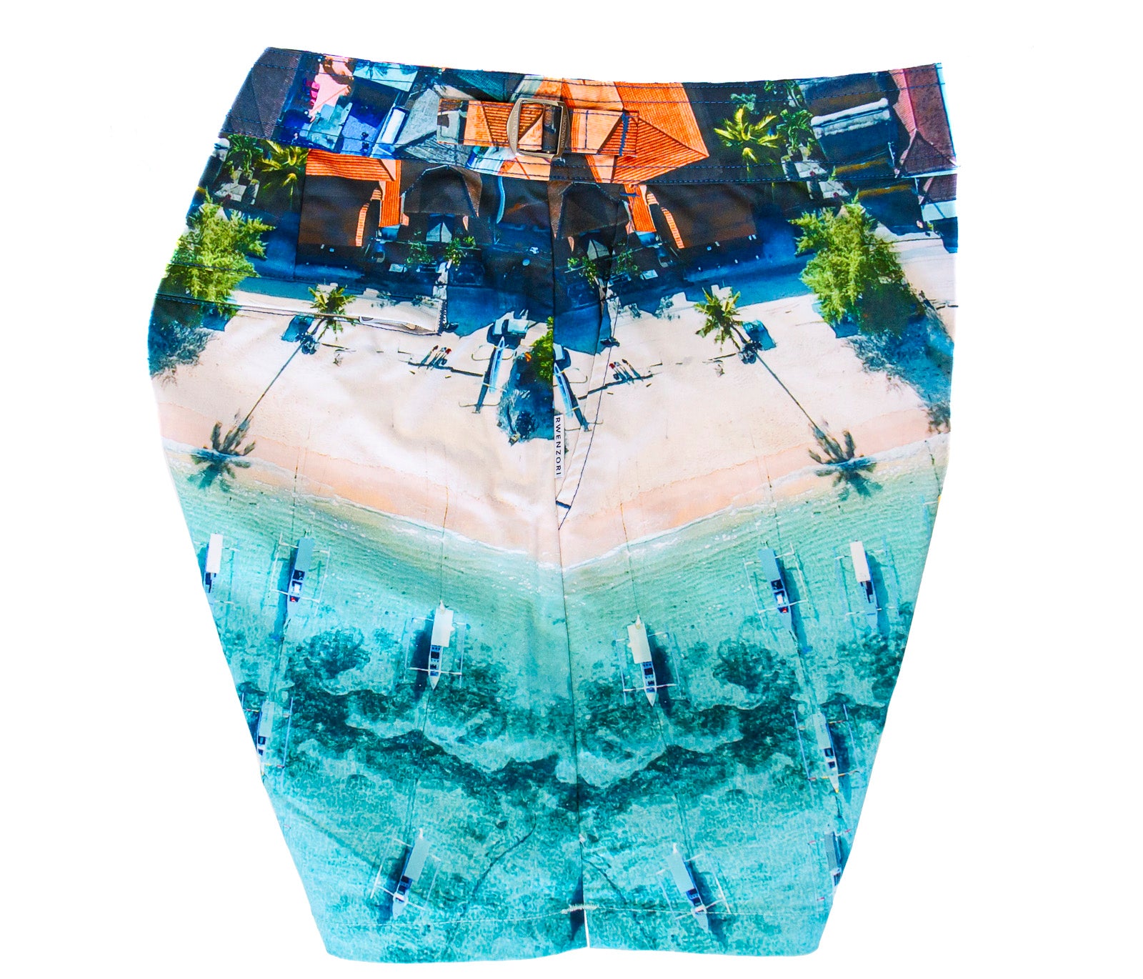 Side profile of Rwenzori swim shorts Bali Boats from Bali showinh white beaches and crystal clear water with boats lined up.