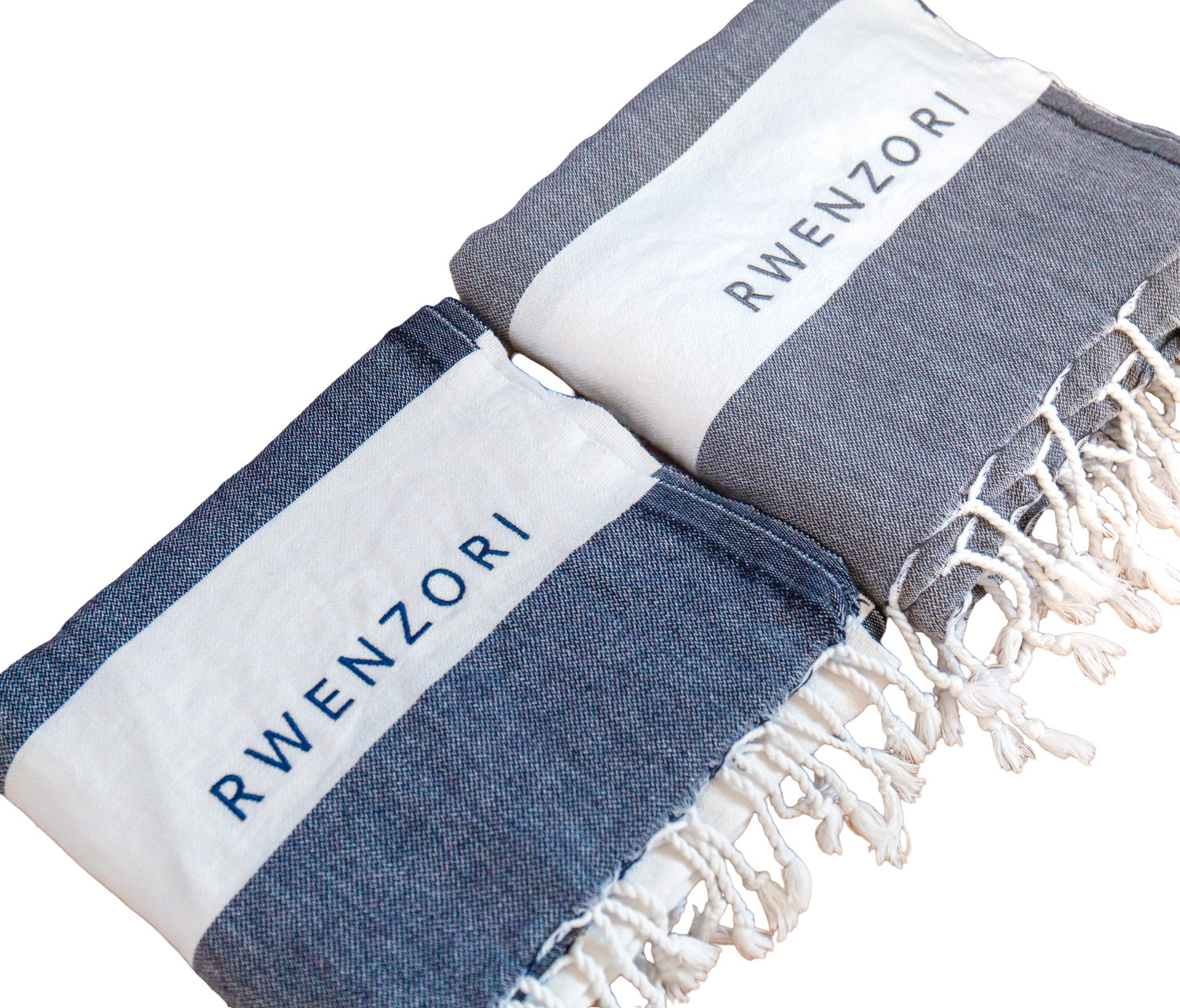Rwenzori turkish cotton towels both navy medblue and grey charcoal.