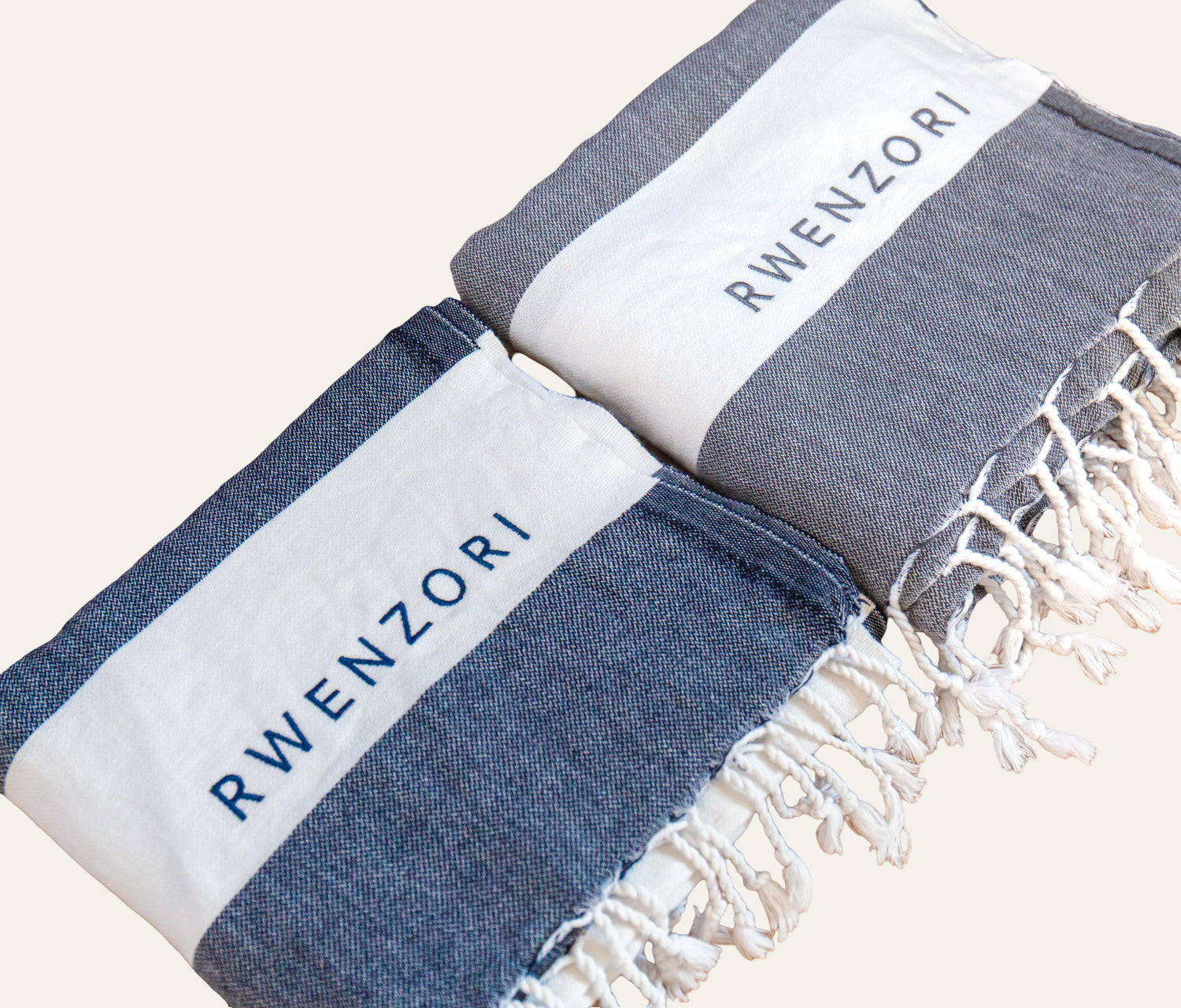 Rwenzori Turkish towels showing 2 colours grey and navy.
