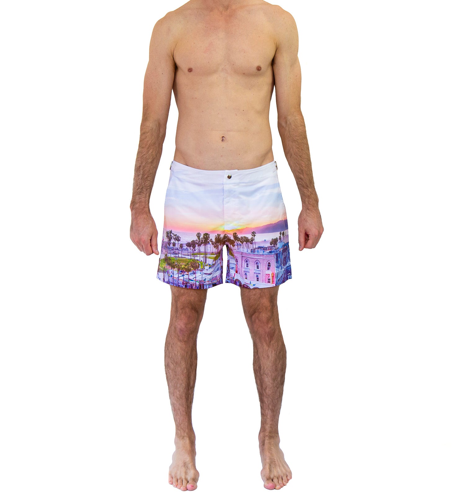 Rwenzori Venice Beach swim shorts front view – men's tailored swim trunks featuring Venice Beach boardwalk photo print worn by model