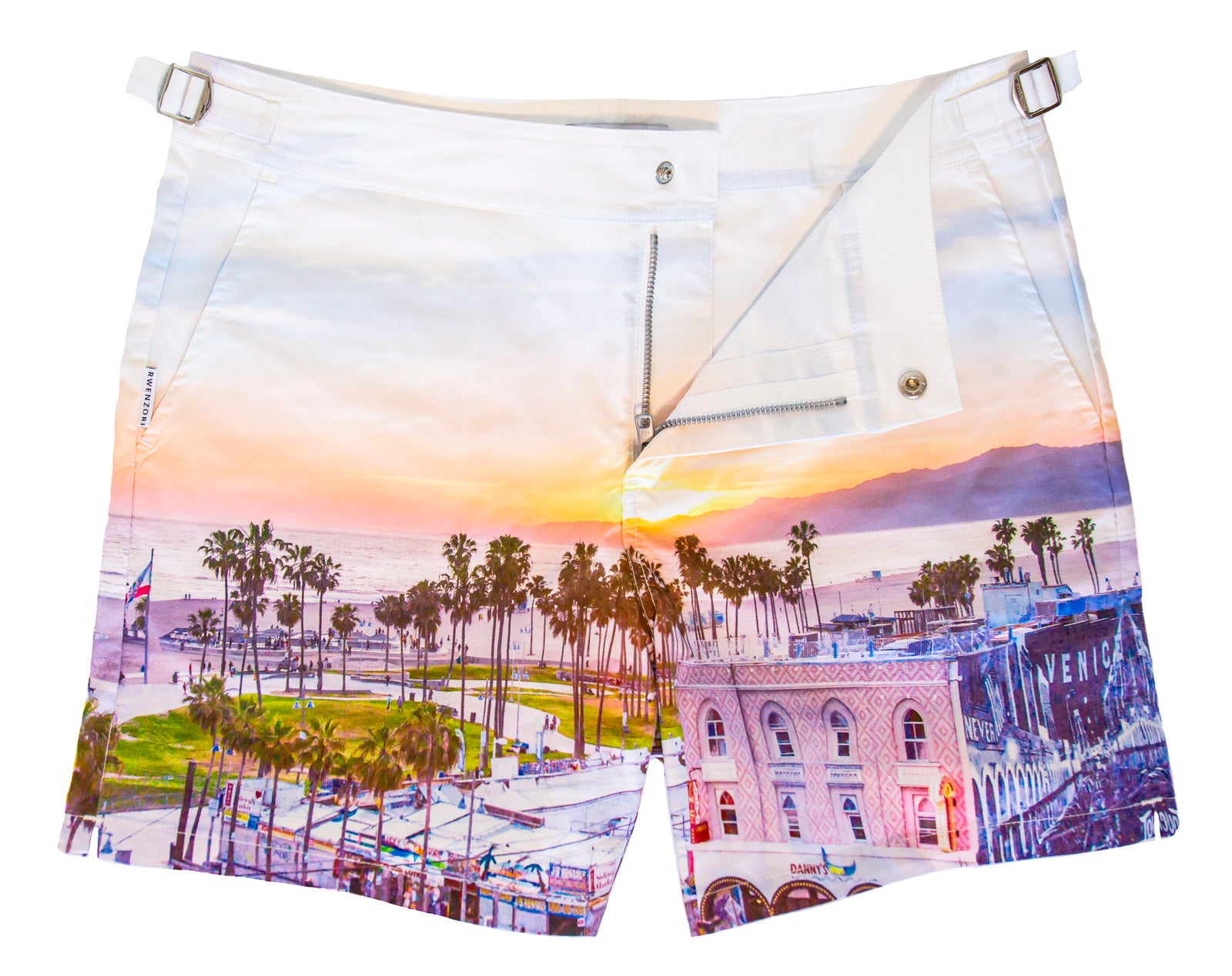 Rwenzori Venice Beach swim shorts front view – men's tailored swim trunks featuring Venice Beach boardwalk photo print At sunset California 