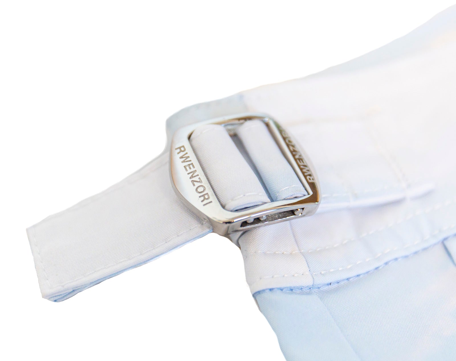 Side buckle detail on Rwenzori Venice Beach swim shorts – adjustable stainless steel side buckles for a precise tailored fit