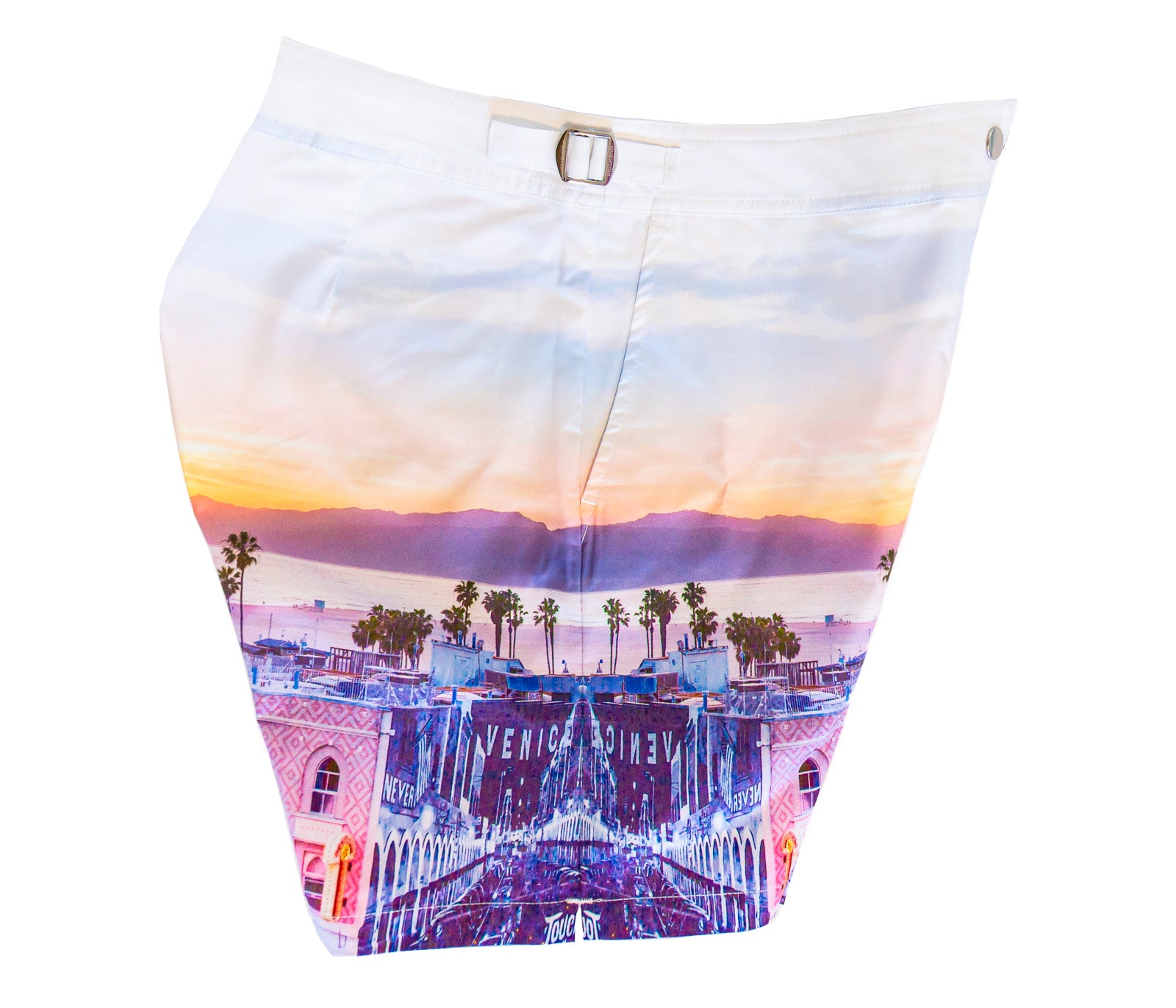 Side profile detail on Rwenzori Venice Beach swim shorts –  designed for a precise tailored fit